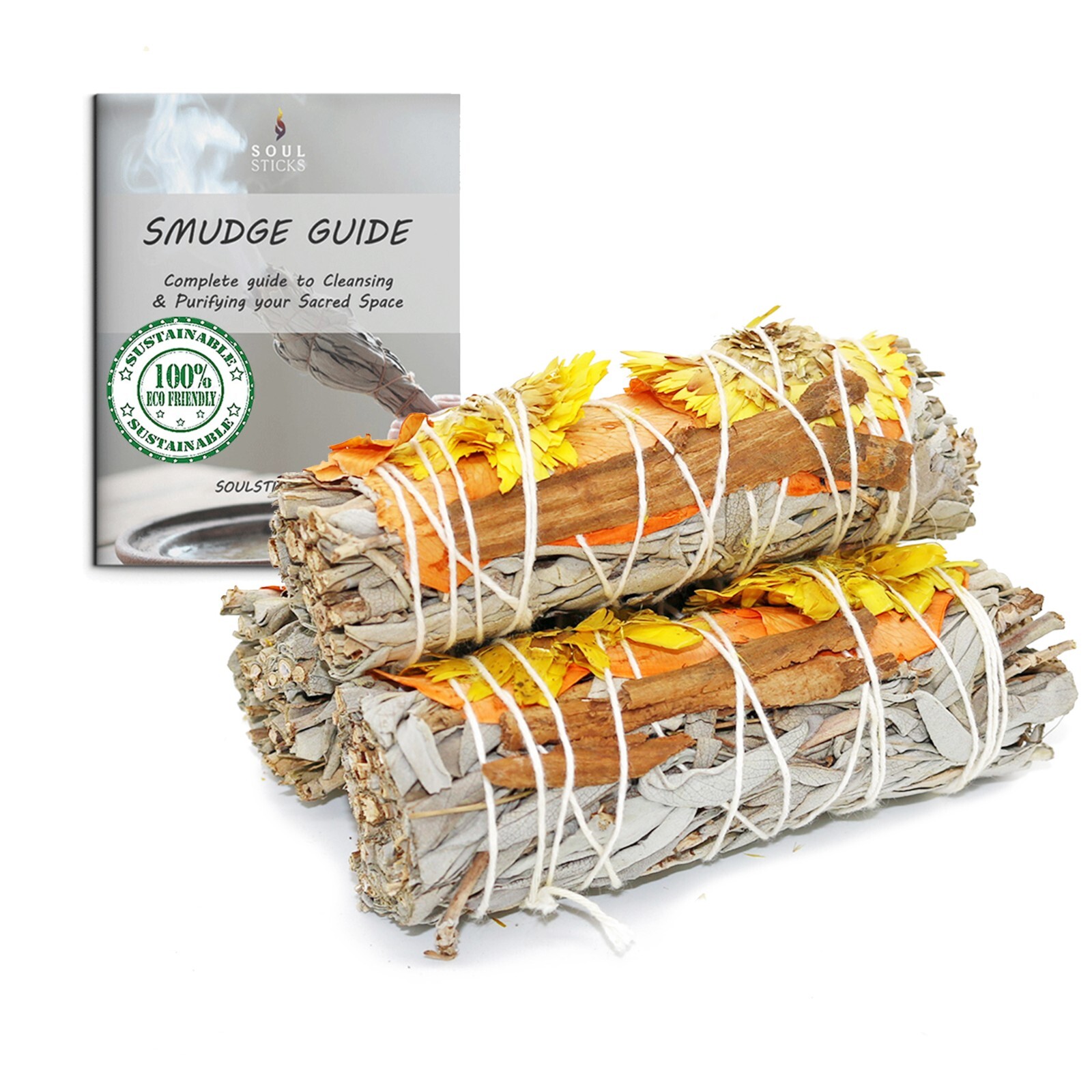 3 Pack Indian Summer Floral White Sage Smudge Sticks with Flowers and Guide 