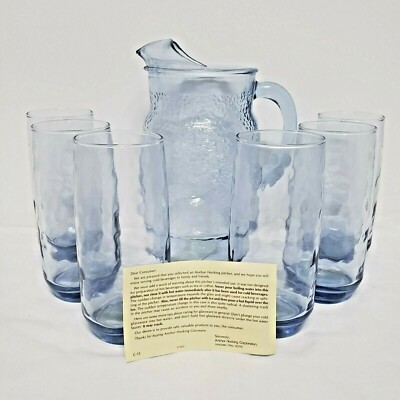 Anchor Hocking Pitcher & 6 Glasses Vintage Blue C Handle Ice Lip Dimple Texture