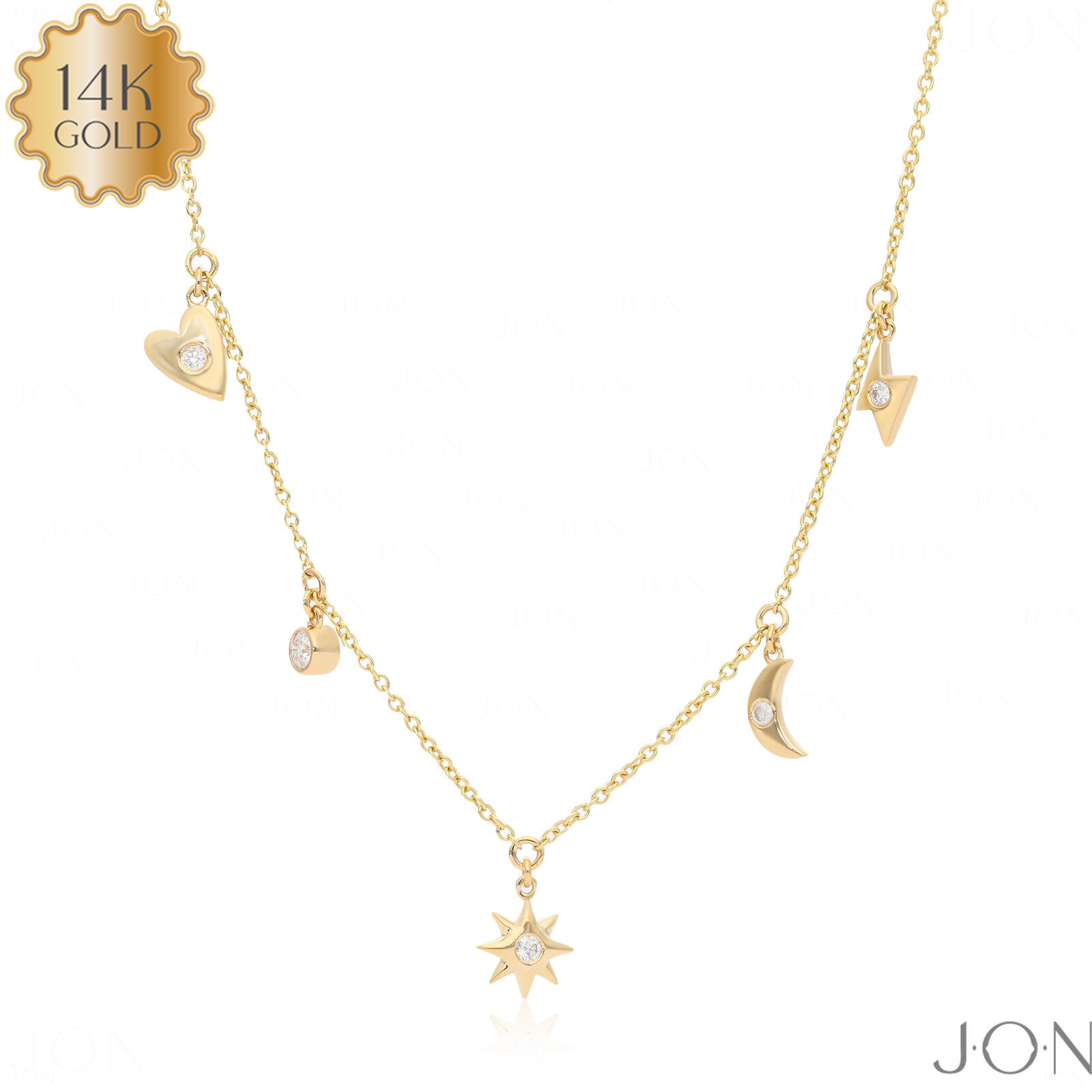 14K Gold Diamond Heart Starburst Moon Lightning Bolt Charm Necklace for Women