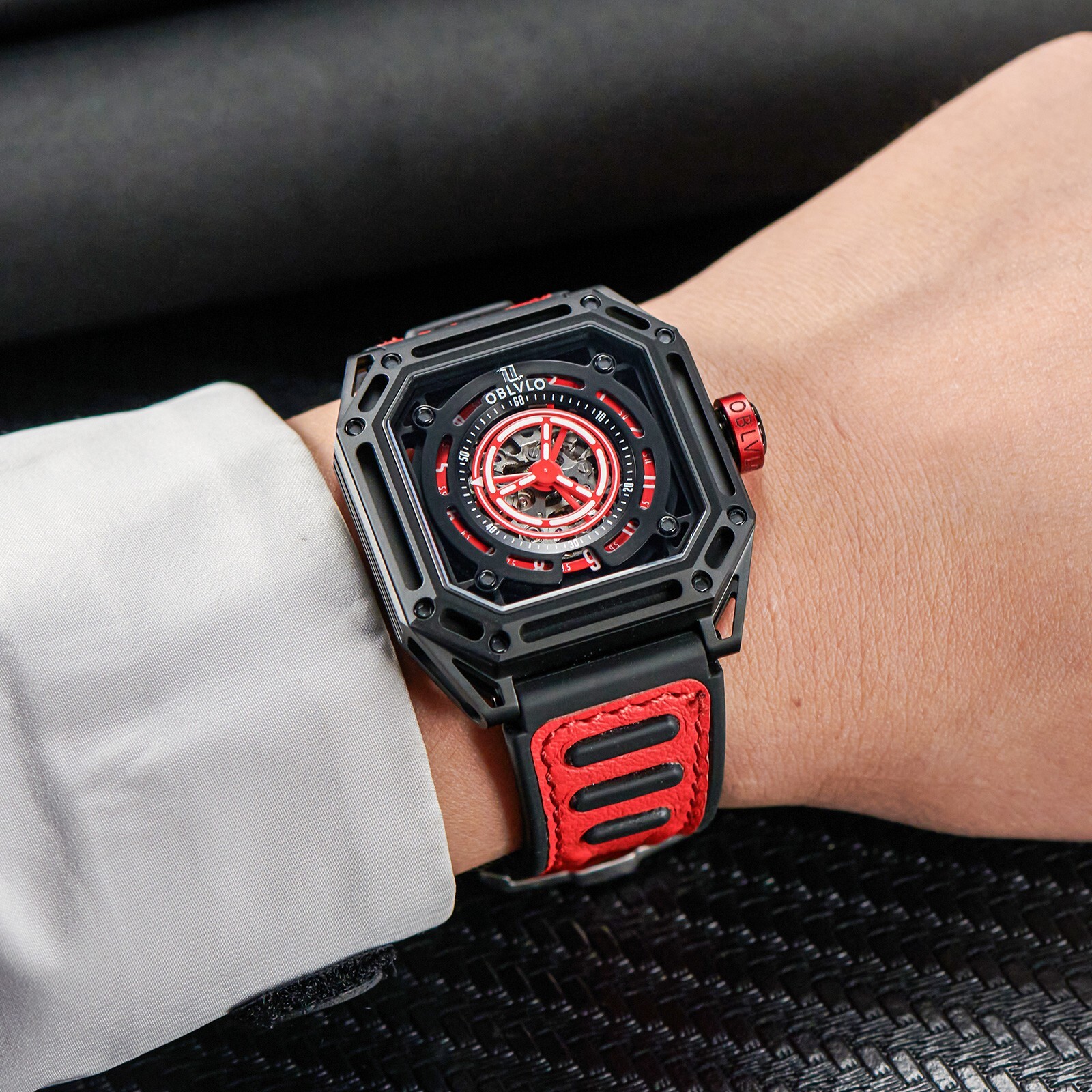 Pre-owned Reef Tiger Oblvlo Men Automatic Watch Luxury Mechanical Wristwatch Square Skeleton Luminous