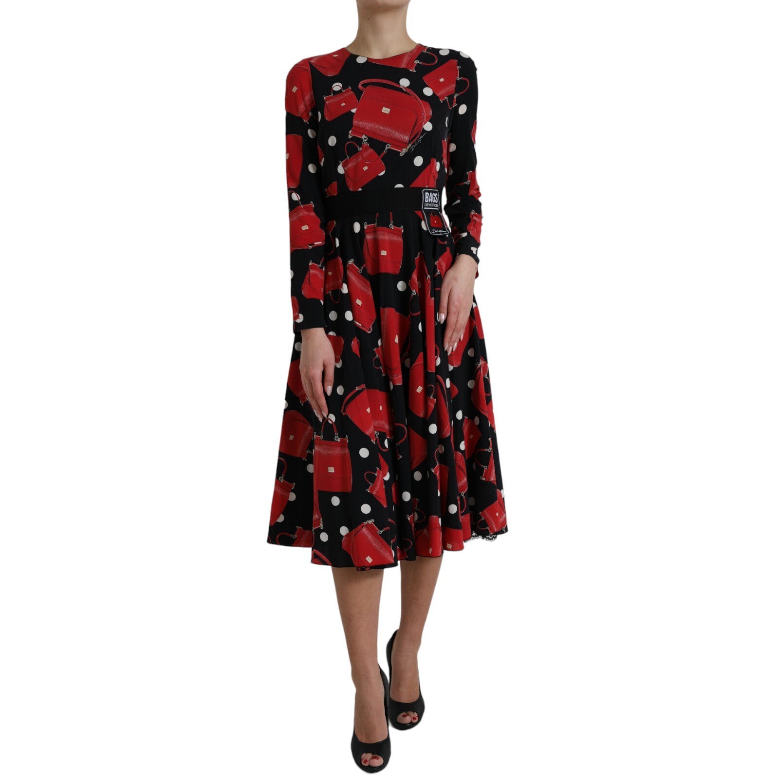 DOLCE & GABBANA Dress Black Sicily Bag Print Flared Midi DOLCE & GABBANA Dress Black Sicily Bag Print Flared Midi
