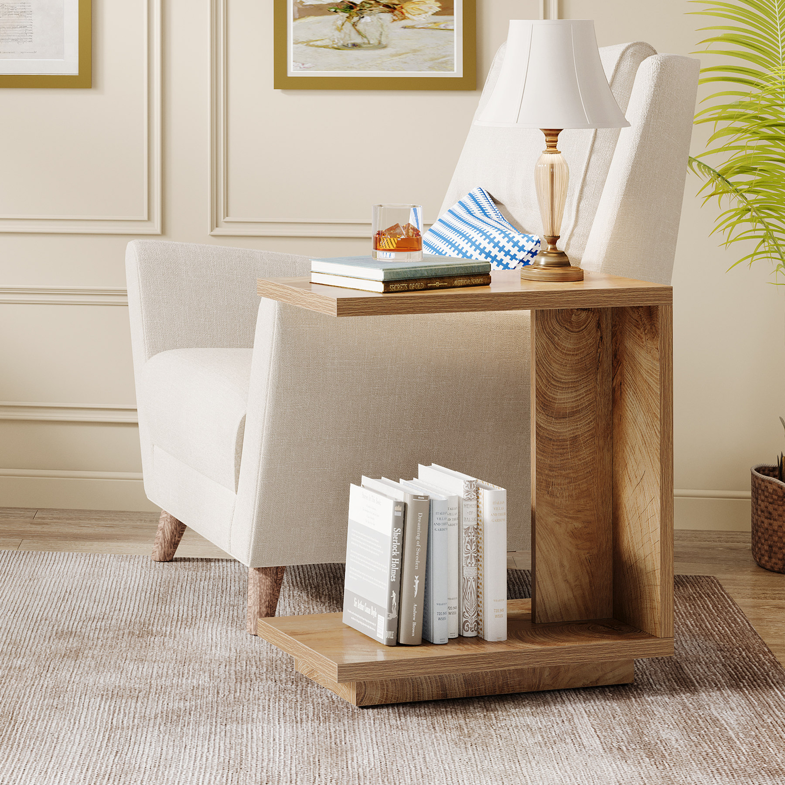 Tribesigns C-Shaped Side Table, 2-Tier Narrow End Table Wood