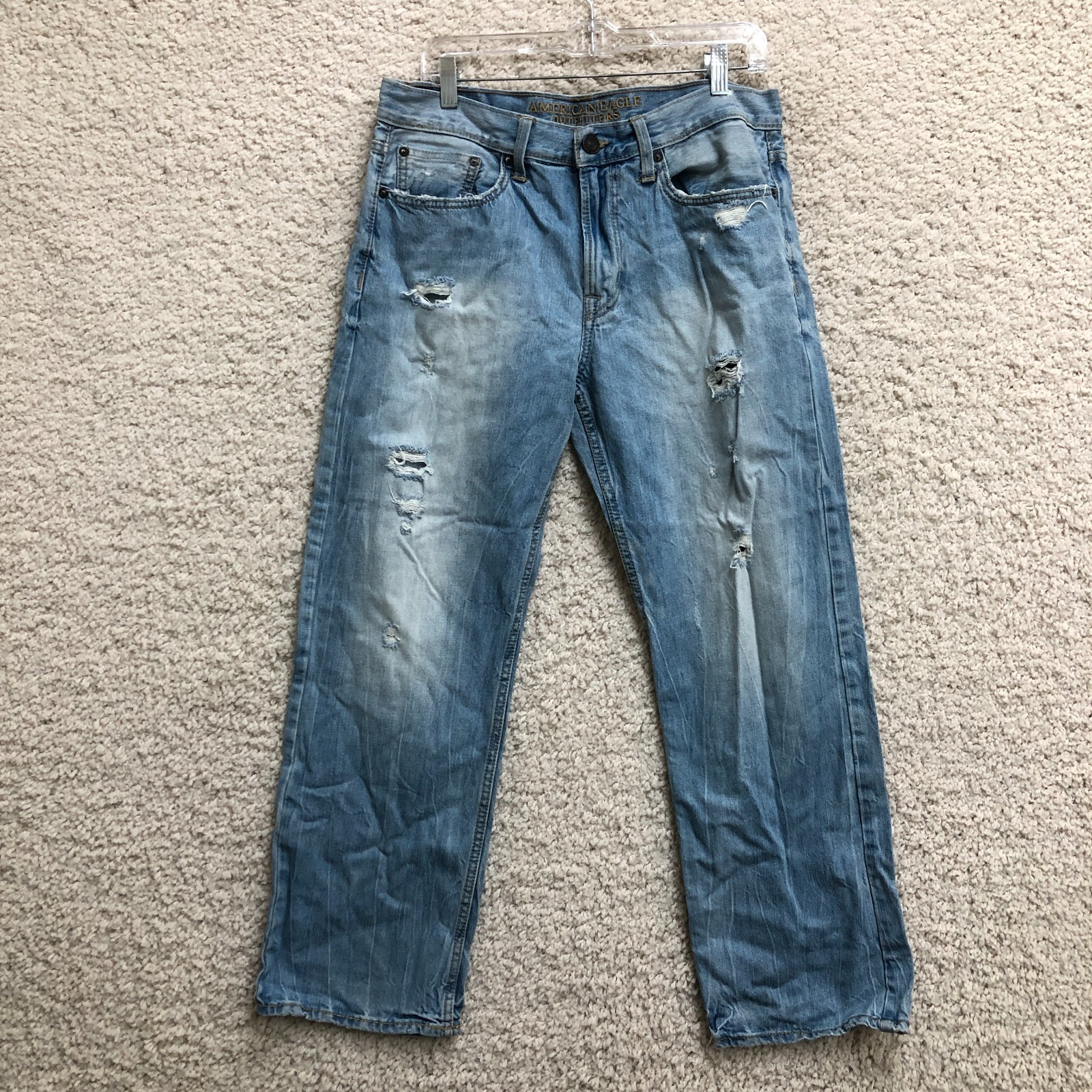 American Eagle Jeans 32x30 (Fits 32x28) Mens Blue Loose Fit Straight Distressed