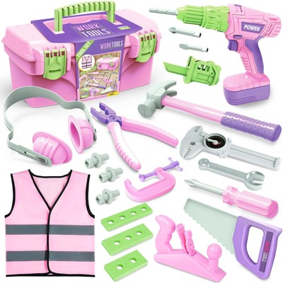 Kids Tool Set with Electric Toy Drill Tool Box for Girls, Pink Toddler Tool S...