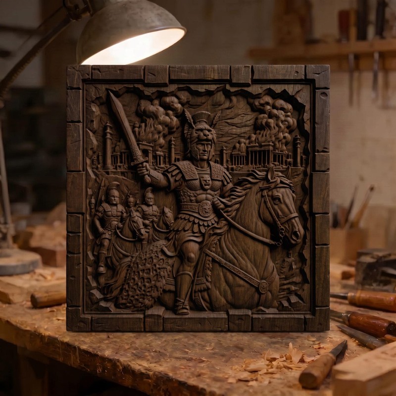 Alexander the Great Wooden Carving Bas Relief | Wood Panel Art | Sculptural Gift