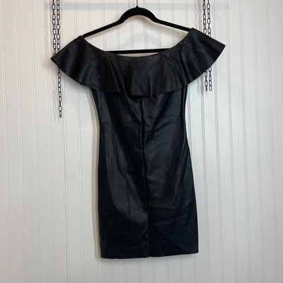 Mango Black Vegan Leather Off the Shoulder Ruffle Mini Bodycon Dress Size S