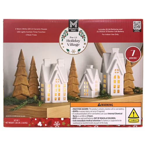 Members Mark Pre-Lit 7-Piece Holiday Village, 3 Ceramic Houses & 4 Resin Trees