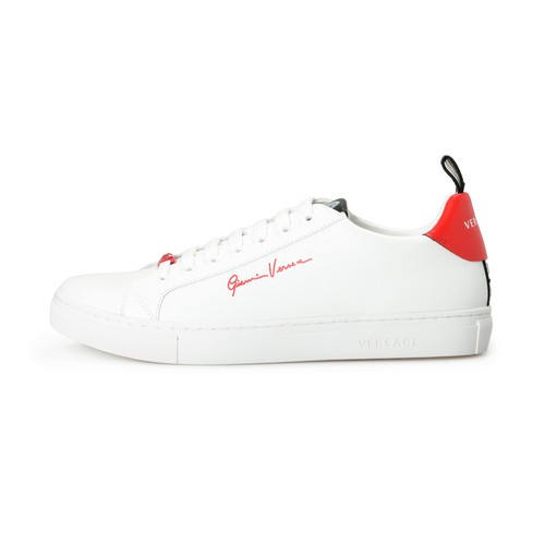 Pre-owned Versace Men's 100% Leather White Logo Print Fashion Sneakers Shoes In White/red