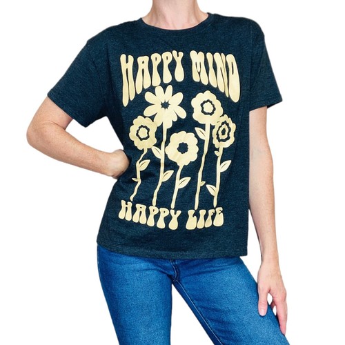 Modern Lux Grey Happy Mind Happy Life Floral Graphic Tee
