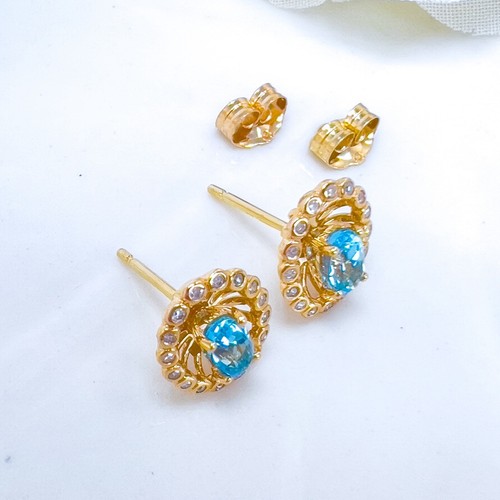 14k Yellow Gold Swiss Blue Topaz & Diamond Halo Oval Stud Earrings, New - Picture 11 of 11