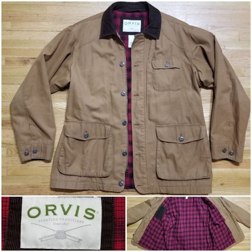 ORVIS Men's L Brown Barn Field Jacket Coat Corduroy Collar Plaid Flannel Lining