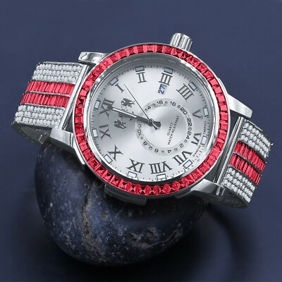 Men's Custom Baguette Hot Pink Genuine Diamond 18K White Gold Tone 50 mm Watch 