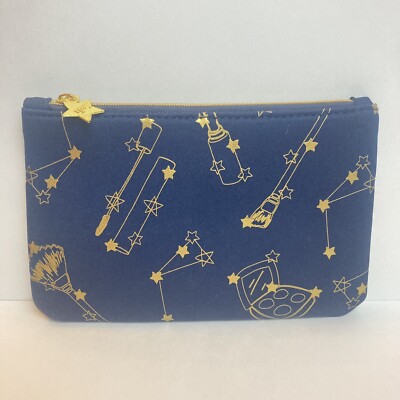 Ipsy Blue Golden Stars Makeup Glam Bag for Make Up Small Zipper