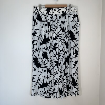 Rose + Olive Wide Leg Pants Womens 2X Black Cream Leaf Print Beachy Resort