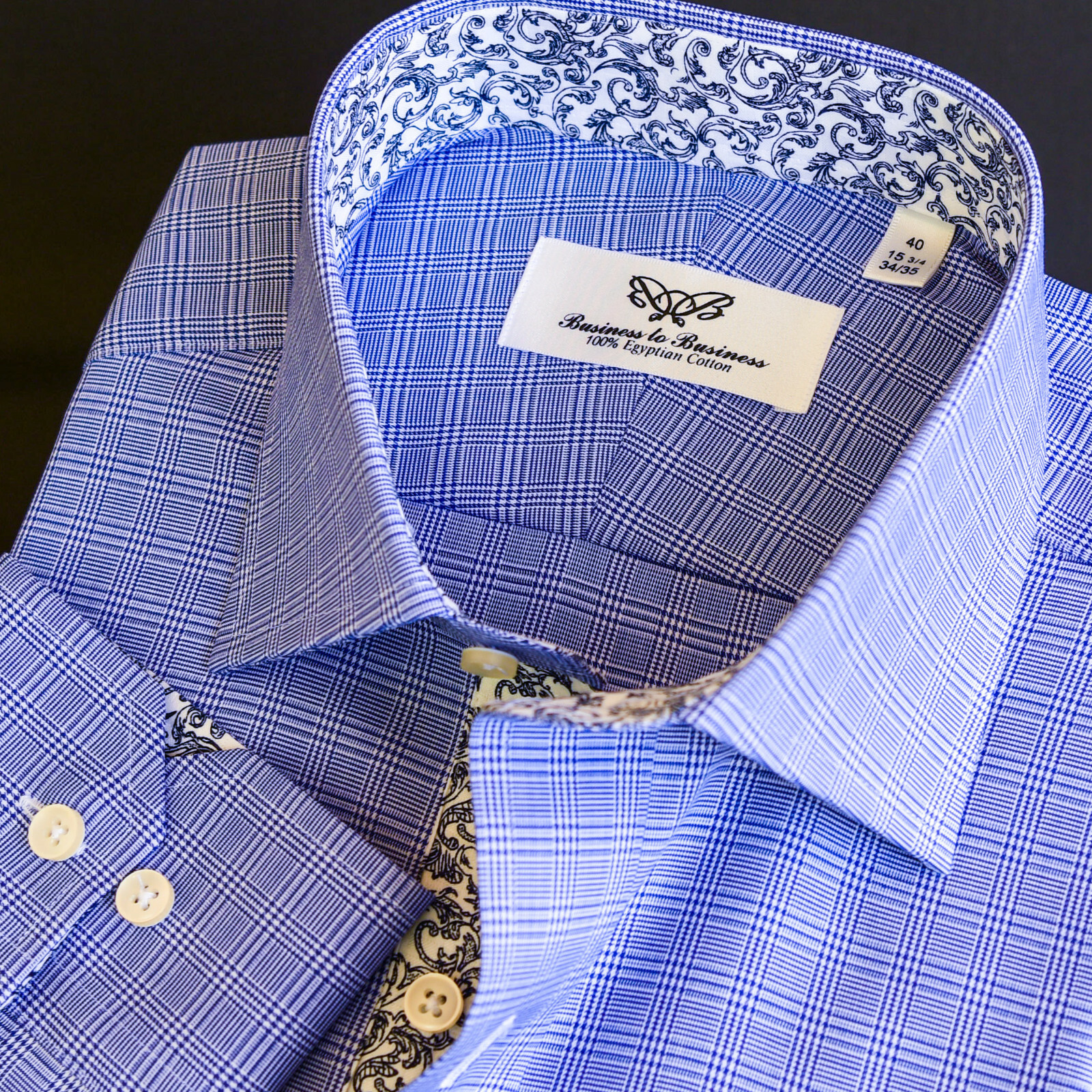 Blue Glen Check Business Dress Shirt Formal Floral Inner Lining Fashion Smart