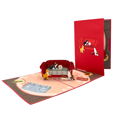 Pop Up Greeting Card - 3D Pop-Up Three Mischievous Cats on The Red Sofa