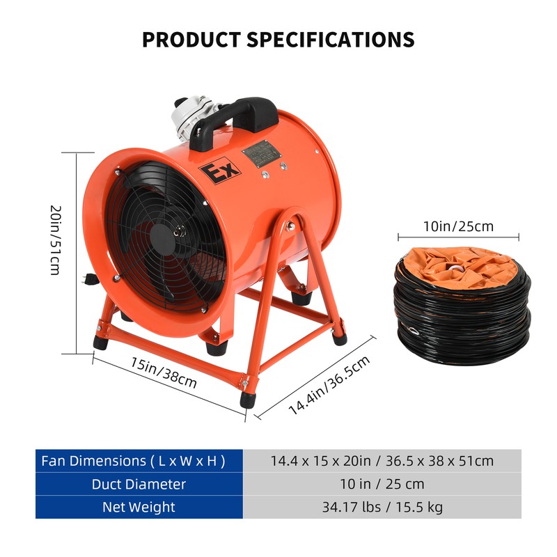 10'' Explosion Proof Axial Fan 350W 110V Extractor w/ 16ft PVC Duct Portable