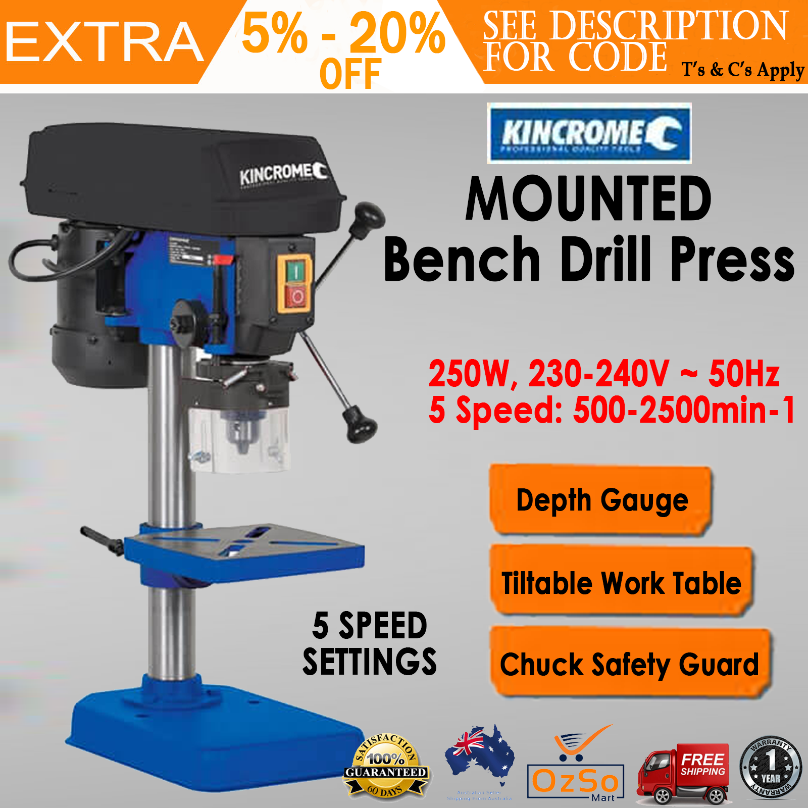 New Kincrome Portable Heavy Duty 250w 5 Speed Mounted 13mm Bench