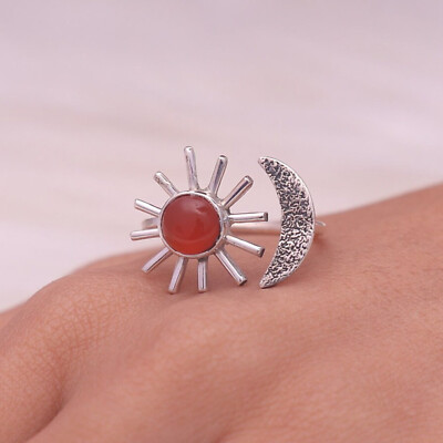 Genuine Carnelian Gemstone 925 Sterling Silver Women Sun & Moon Adjustable Ring