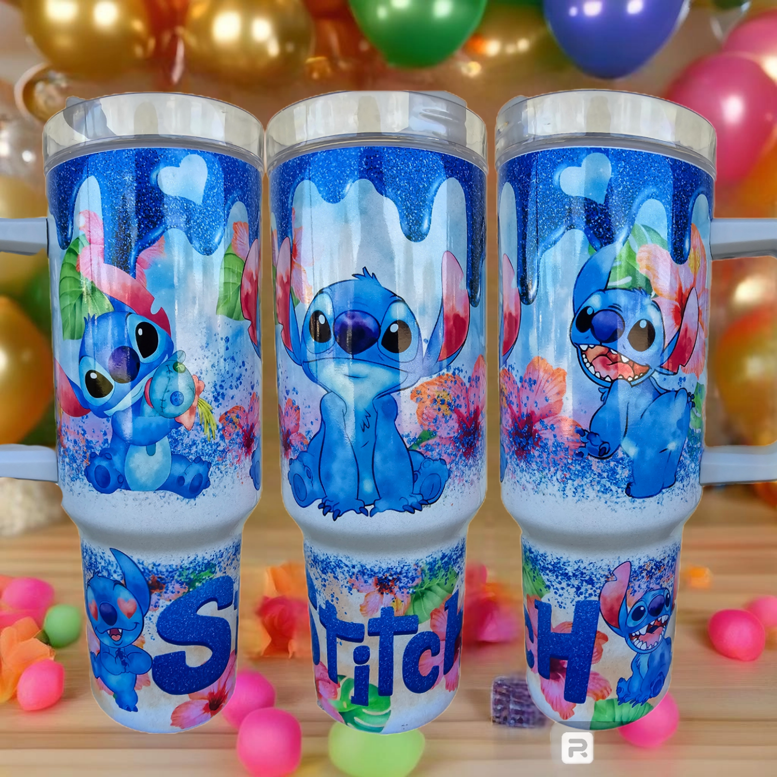 40oz Stitch Stainless Steel Shimmer Tumbler W/Handle- Shimmer Glitter Cup -