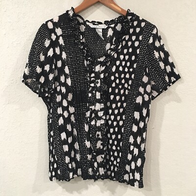 Fred David Women Sz XL Shirt Button Up Blouse Geometric Ruffle Short Sleeve Top