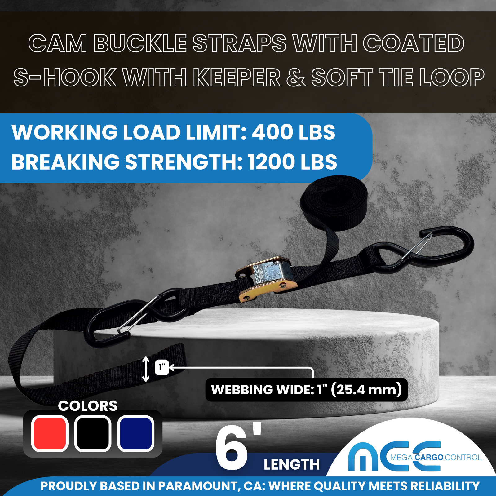 2 Pack 1" x 6' Cam Buckle Tie Down Strap w/ S Hook For Boat Motorcycle Bike