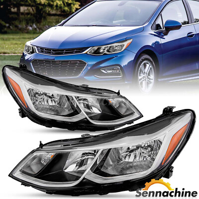Headlights Pair For Chevy Cruze 2016 2017 2018 2019 Halogen Headlamp Black LH RH