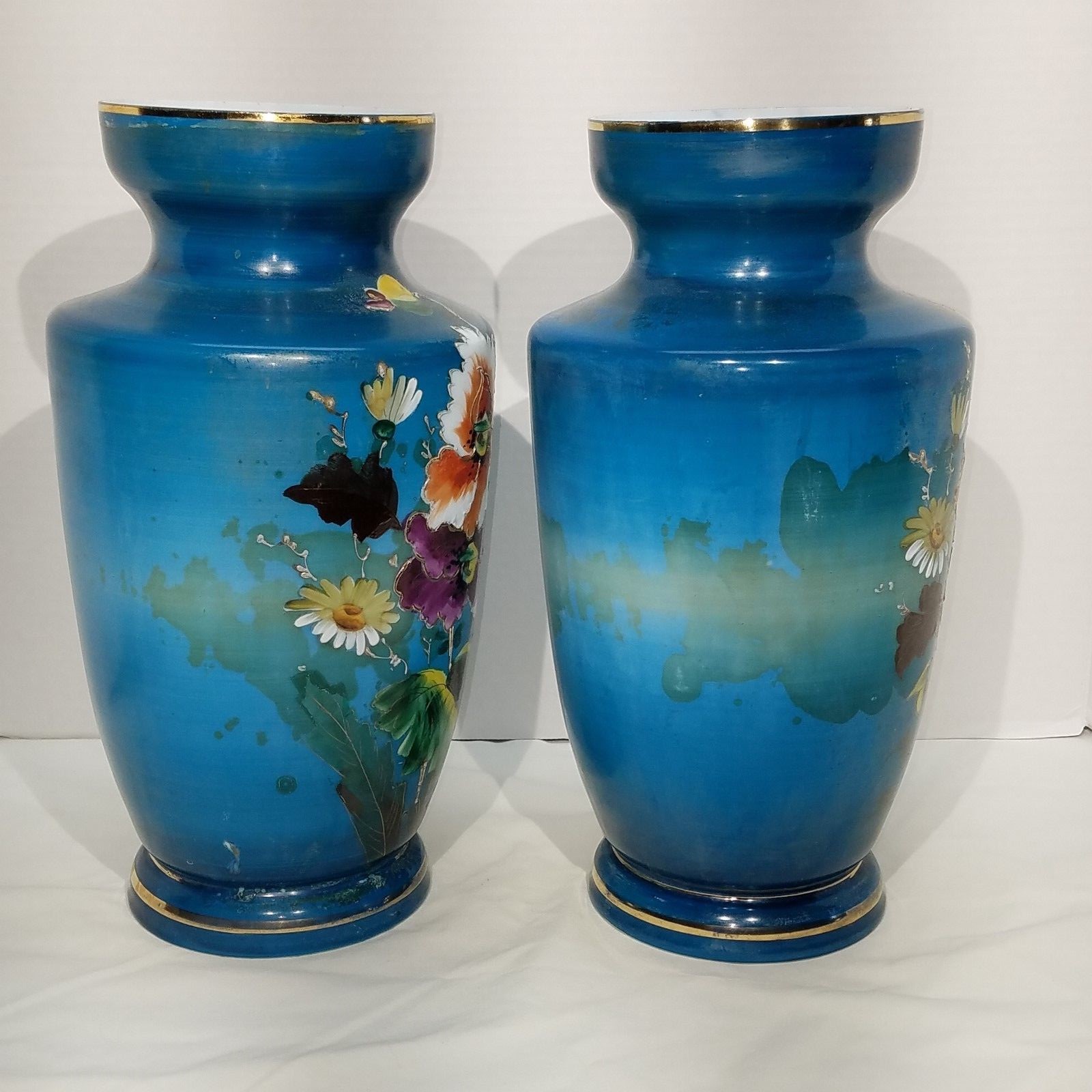 French Opaline Antique Hand-Painted Blue Floral Gilted Vase Pair 12.50