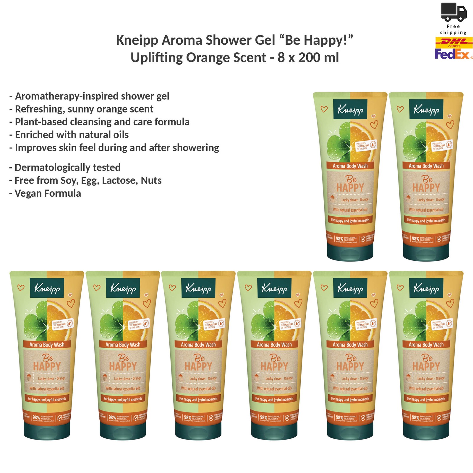 Kneipp Aroma Vegan Shower Gel Be Happy! Uplifting Orange Scent 8 x 200 ml