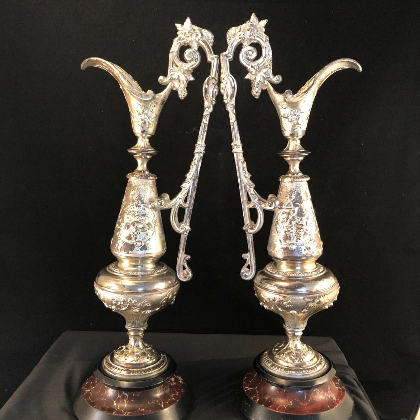 Pair of Decorative Silver Metal Ewers On Marble Bases Vintage Very Heavy