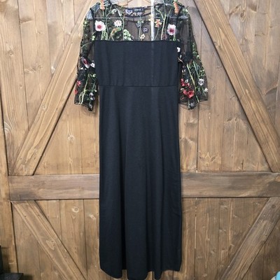 ENKA Womens M Black Maxi Dress Floral Embroidered Mesh Sheer 3/4 Sleeve