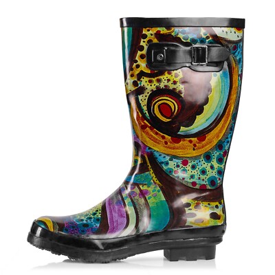 New Women's Rain Boots Rubber Printed Mid Height Wellie Mid Calf Snow Rainboot