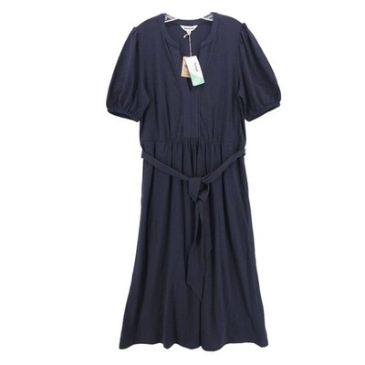NWT BODEN Sofia Jersey Midi Dress Navy Tencel Cotton Puff Sleeve Belted US 12R