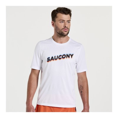 

Мужская одежда Saucony с секундомером и коротким рукавом, белая графическая одежда размера, White graphic