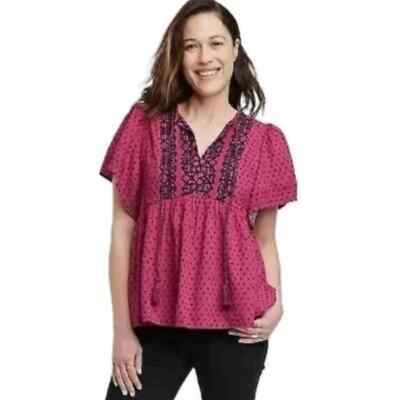 Knox Rose Women's Tie Neck Flutter Short Sleeve Blouse Rich