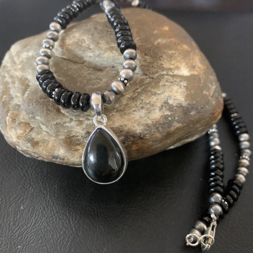 Pre-owned Handmade Mens Black Onyx Pendant Navajo Pearls Sterling Silver Necklace 11906