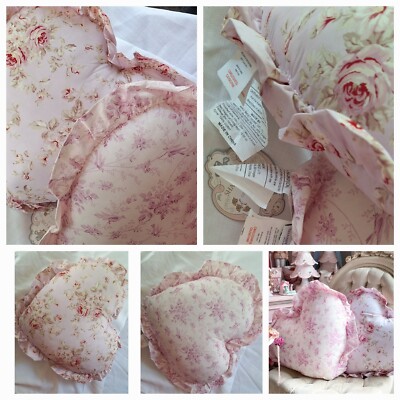 2pc Lot New RACHEL ASHWELL SHABBY CHIC HEART SHAPE TOILE PRINT RUFFLED PILLOW