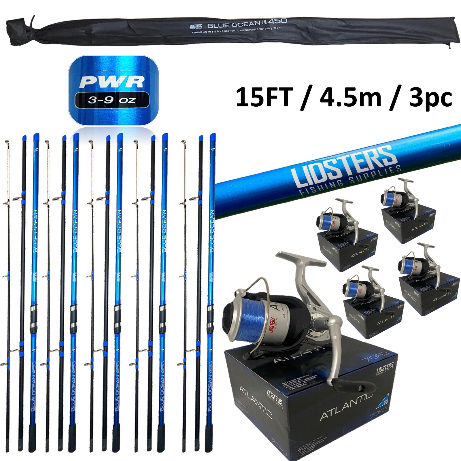 5 LFS Atlantic Ocean Sea Fishing Rod 15ft 4.5m 3pc + Blue Ocean Pro 80 Sea Reels | UK