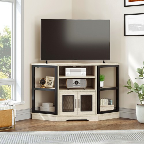 Corner TV Stand Console Table with Power Outlets & LED Lights For 55 inch TV