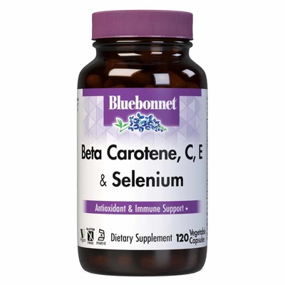 Bluebonnet Бета-каротин, витамины C, E и селен, 120 растительных капсул