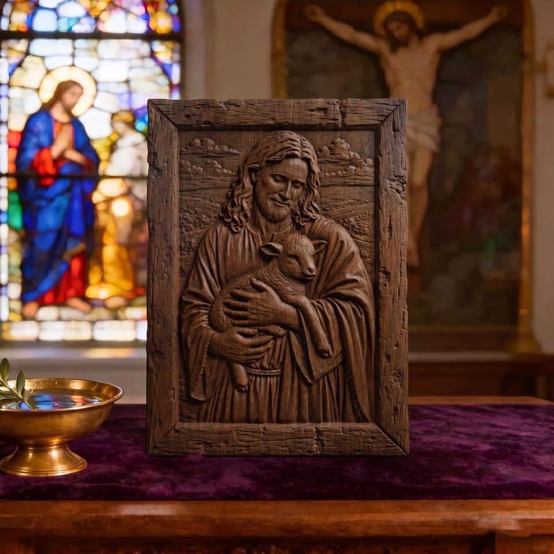 Jesus Holding Lamb Wooden Carved Handmade Christian Icon | Byzantine Home Decor