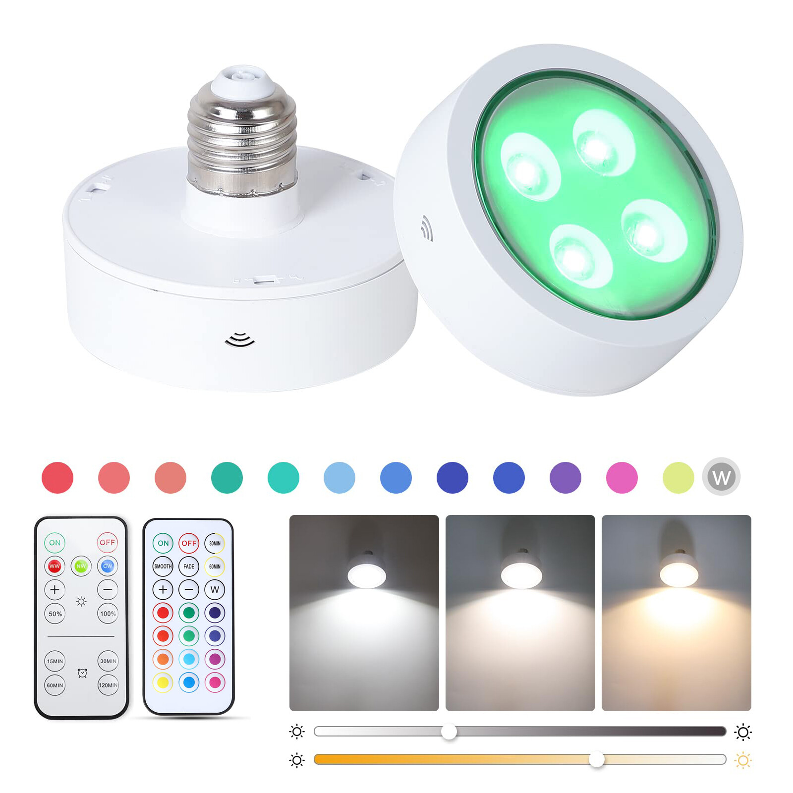 Dimmable RGB LED Puck Lights Night Light Battery Operated Light Bulb Lamp Remote