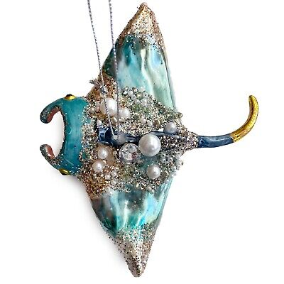 MANTA RAY CHRISTMAS ORNAMENT | Glass Tree Ocean Seaside Blue Jewels Pearls