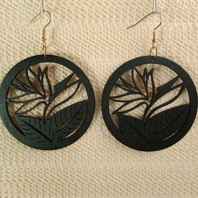 BOHO BROWN WOODEN Bohemian Round Dangle Laser Cut 3.25'' Earrings