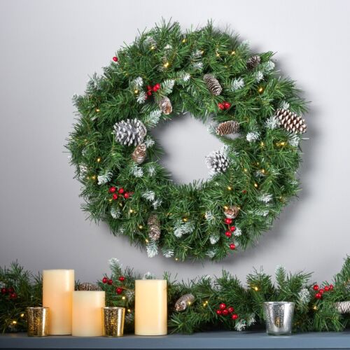 24" Mixed Spruce Pre-Lit Warm White LED Artificial Christmas Wreath with Frosted
