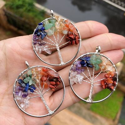 3pcs Yoga 7 Charka Gems Stone Tree Of Life Pendants Reiki Healing Amulet
