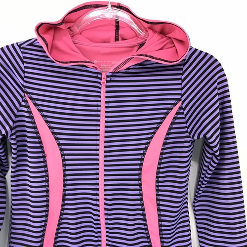Bally Total Fitness Girls Jacket Striped Pink Purple Hoodie Full Zip M 8/10 O41