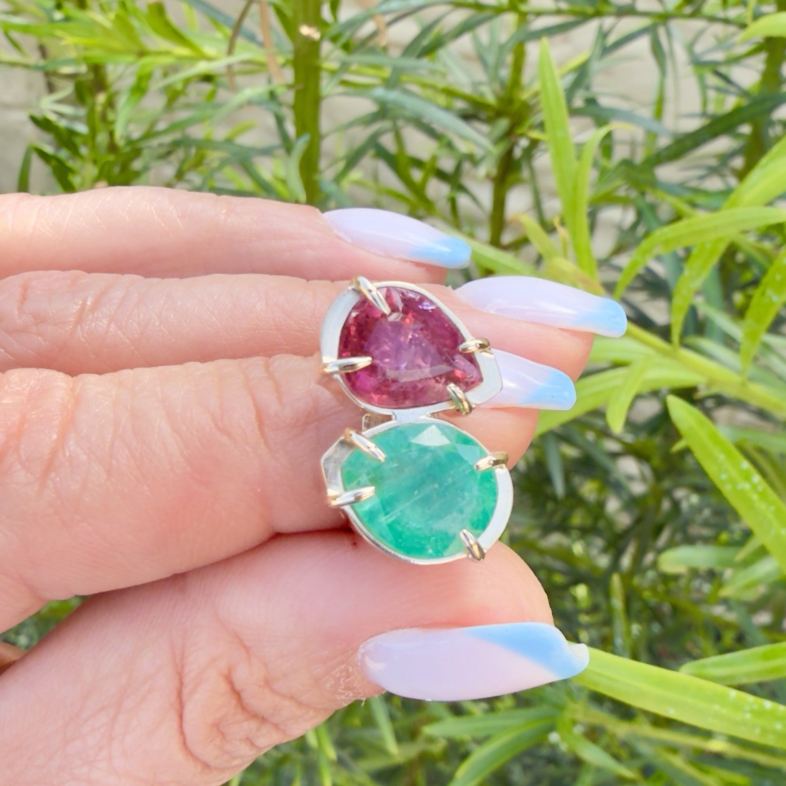 14k Yellow Gold Genuine Emerald & Pink Tourmaline Modernist Ring, New Size 6.5 - Picture 12 of 14