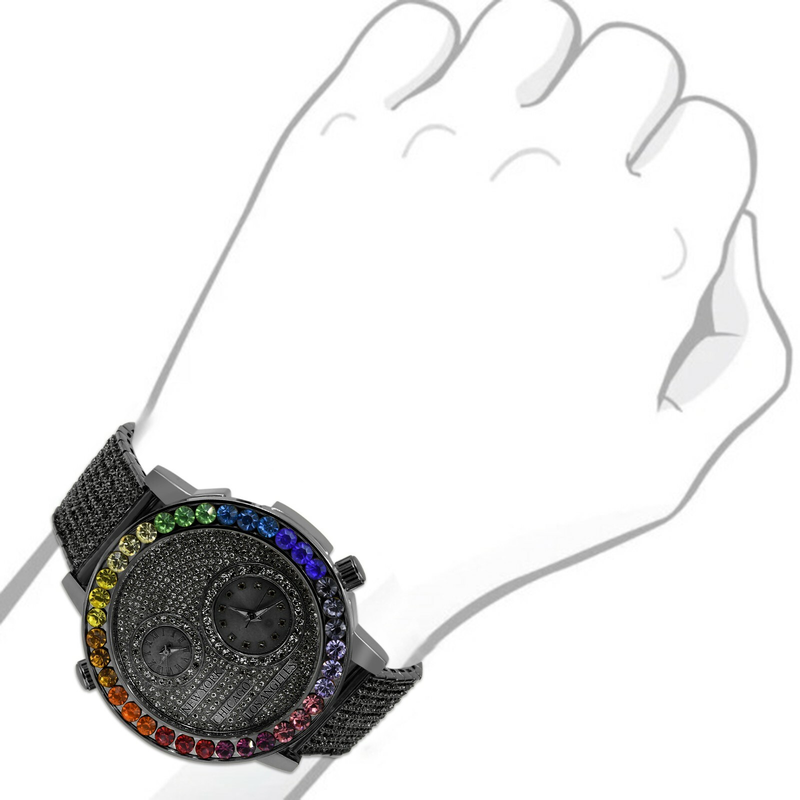 Pre-owned Ice Master 2 Time Zone Black Gold Rainbow Bezel Chronograph Solitaire Diamond Dial Watch