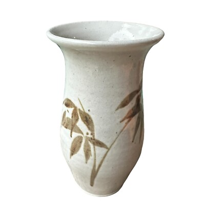 VTG Studio Art Pottery Stoneware Vase Bamboo Leaf Motif Hand Paint Signed 7.25''H